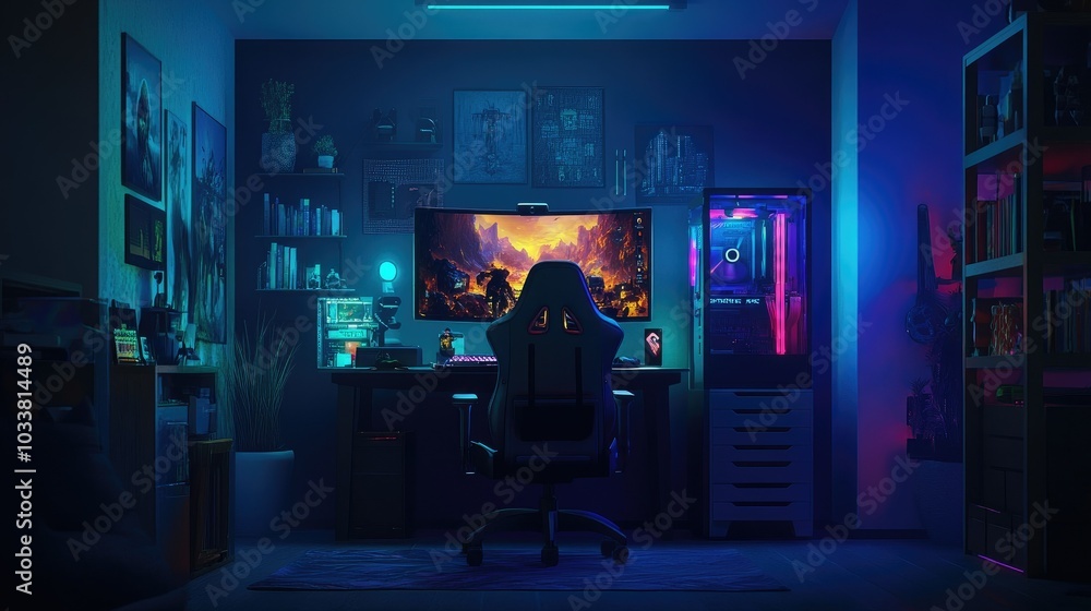 A dark room illuminated by RGB lights from a gaming PC, with a wide monitor displaying an action game and a gaming chair in front A dark room illuminated by RGB lights from a gaming PC, with a wide monitor displaying an action game and a gaming chair in front
