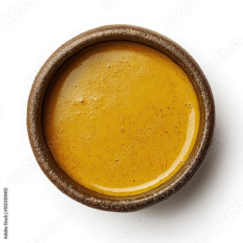 Top view of a stoneware bowl with curry sauce isolated on white background