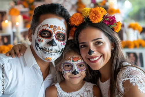 A family celebrates together wearing colorful traditional face paint and costumes, surrounded by festive decorations suggesting a joyful cultural celebration. photo