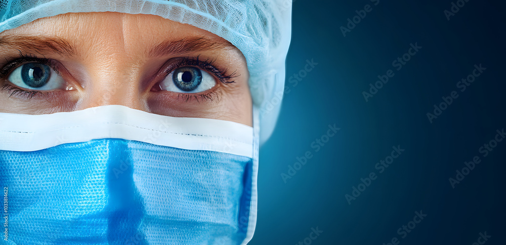 Surgeon close up shot with blue backgound Surgeon close up shot with blue backgound