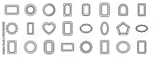 Scallop frame icons set. Big set of vintage blank postage stamps of different shapes is being presented on white background