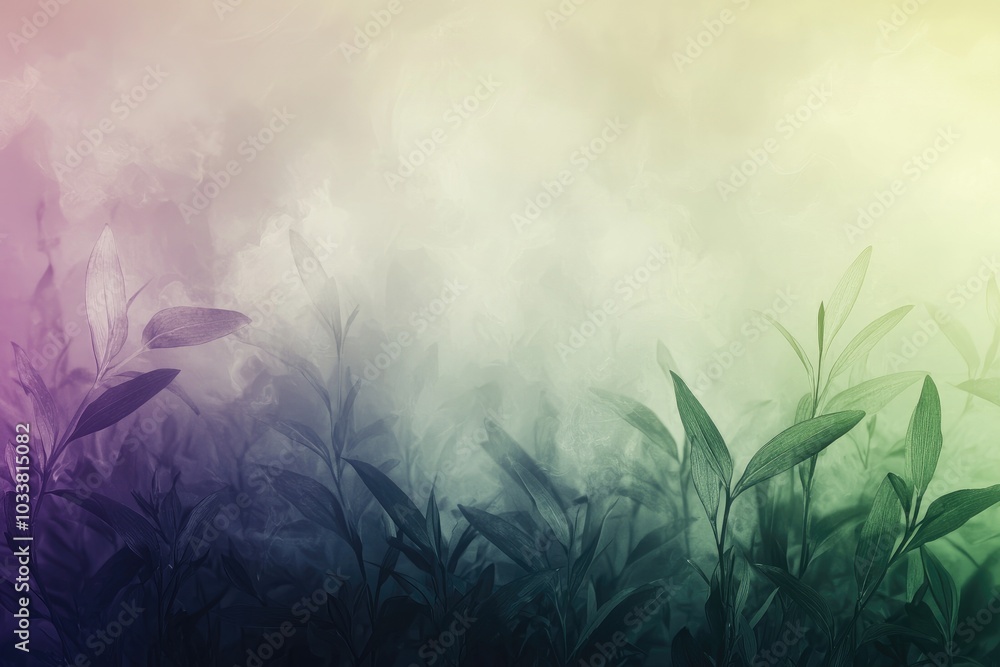 Fototapeta premium Silhouetted Green Leaves Against a Foggy Background