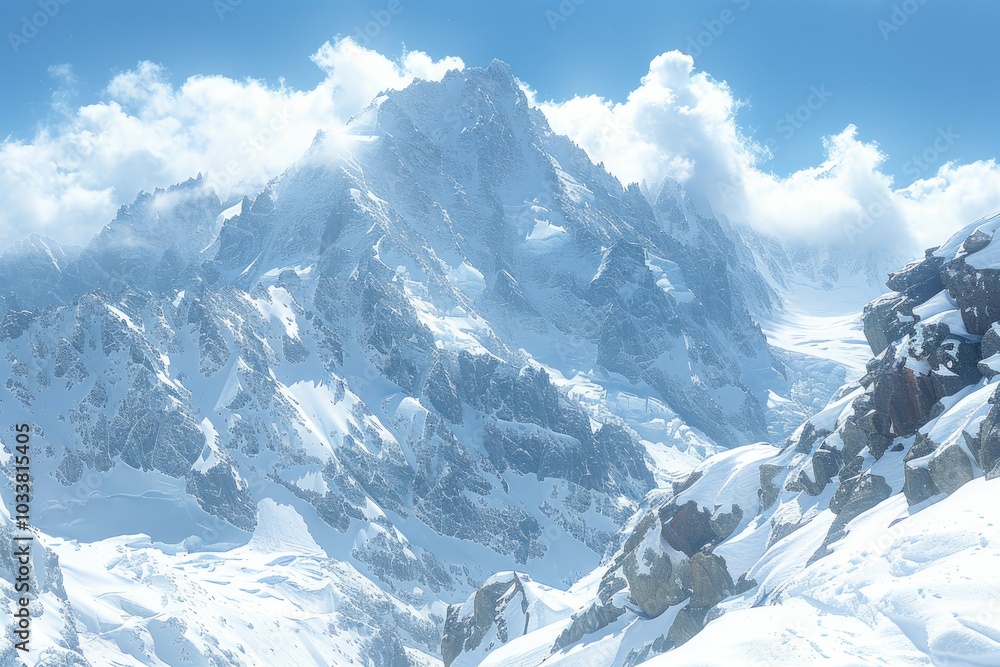 Snow-Capped Mountain Range Under a Blue Sky with Puffy Clouds Snow-Capped Mountain Range Under a Blue Sky with Puffy Clouds