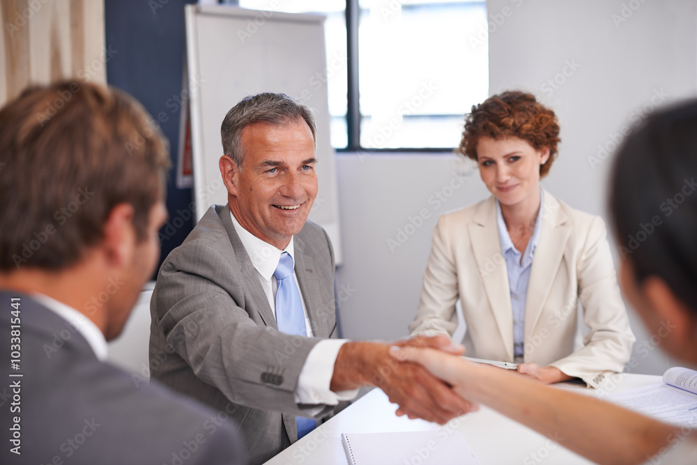Fototapeta premium Business people, handshake and deal conversation with team management of partnership meeting. Shaking hands, communication and agreement at table with contract and operation review success in office