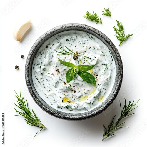 Top view of a stoneware bowl with tzatziki sauce isolated on white background