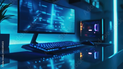 A futuristic gaming den with a glowing blue-lit keyboard, large monitor, and stylish RGB lighting reflecting off sleek desk surfaces