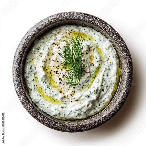 Top view of a stoneware bowl with tzatziki sauce isolated on white background photo