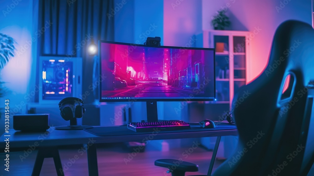 A futuristic gaming den with a massive widescreen monitor, RGB-lit peripherals, and colorful ambient lighting along the walls A futuristic gaming den with a massive widescreen monitor, RGB-lit peripherals, and colorful ambient lighting along the walls