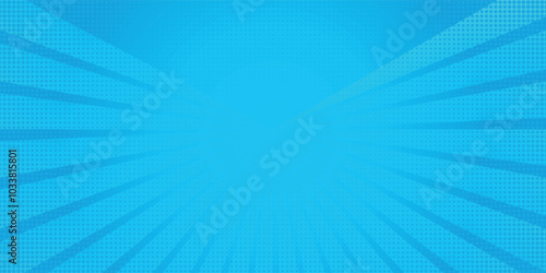 Comic background. Pop art texture. Starburst cartoon style. Anime design with explosion effect for print. Fun dot pattern. Blue backdrop with halftone gradient.