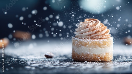 A detailed image of a close-up dessert capped with a generous swirl of cream sprinkled with aromatic spices, placed amidst a backdrop of winter snow and cold season charm. photo