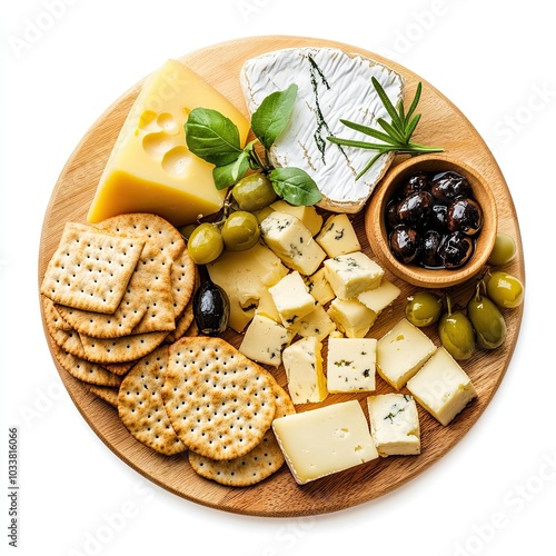 Top view of a wooden board with assorted cheeses and crackers isolated on white background photo