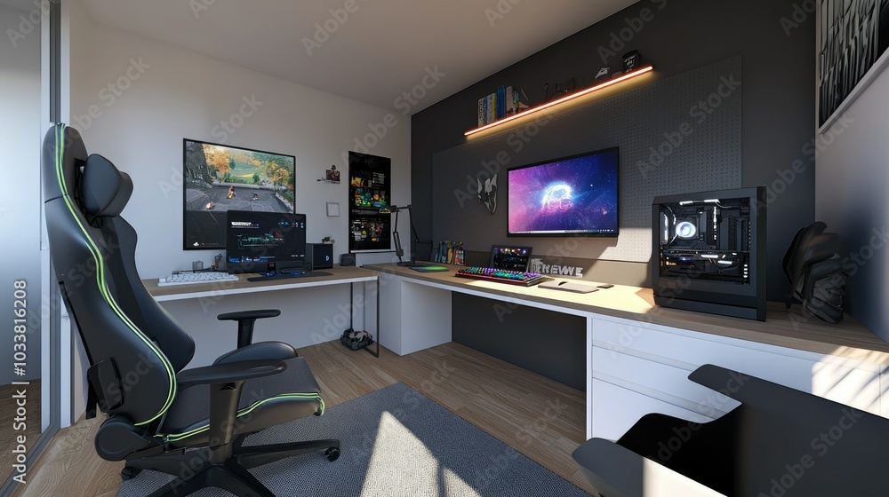 A gaming corner in a modern apartment with a dual-monitor setup, colorful LED lights, and sleek peripherals on a minimalist desk A gaming corner in a modern apartment with a dual-monitor setup, colorful LED lights, and sleek peripherals on a minimalist desk