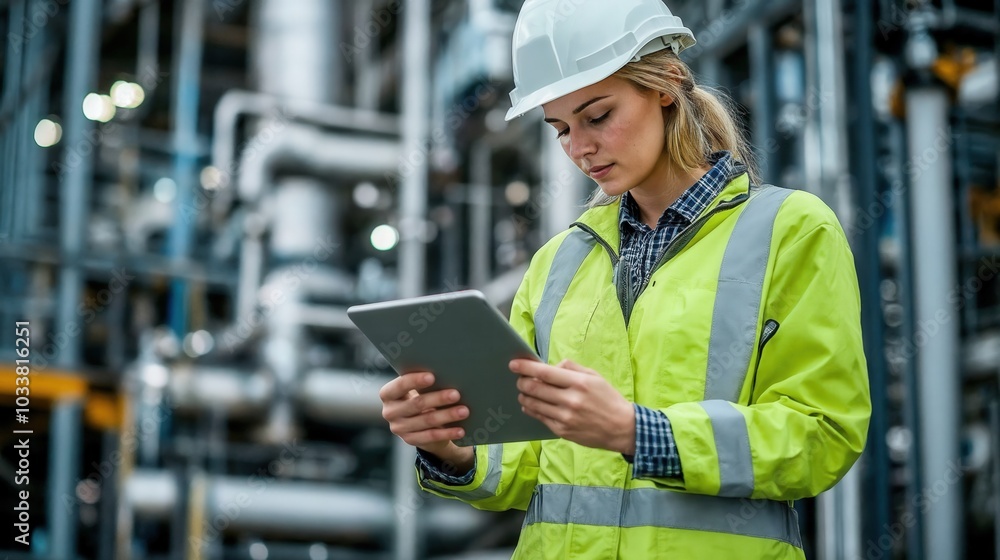 Engineer wearing safety uniform and helmet looking detail tablet on hand with oil refinery factory in the background. Engineer wearing safety uniform and helmet looking detail tablet on hand with oil refinery factory in the background.