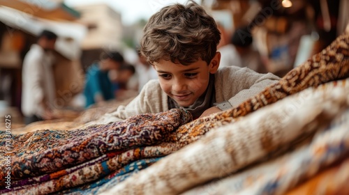 A young boy explores a vibrant and colorful market stall, displaying an array of intricately patterned textiles, showcasing his curiosity and wonder in a lively setting. photo