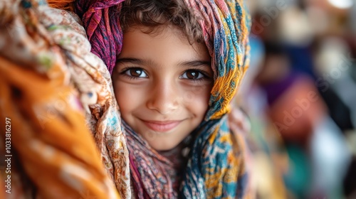 A smiling child in woven fabrics creates a colorful and soft frame around their face, evoking warmth, innocence, and joy in a captivating portrait of cultural vibrancy. photo