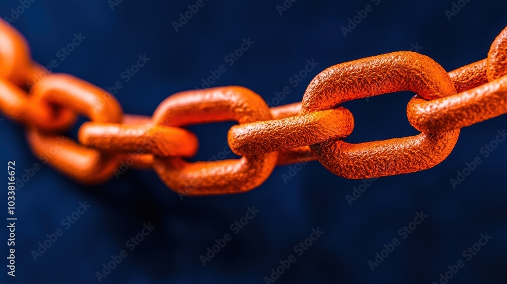 Integration of blockchain technology, Close-up of a vibrant orange chain link against a dark background, showcasing texture and strength in industrial design. Integration of blockchain technology, Close-up of a vibrant orange chain link against a dark background, showcasing texture and strength in industrial design.