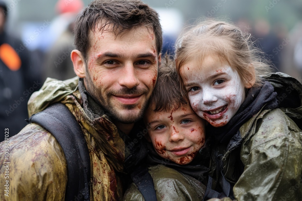 A determined family of three, covered in mud with rugged expressions, stands close together, representing unity and resilience in an outdoor setting. A determined family of three, covered in mud with rugged expressions, stands close together, representing unity and resilience in an outdoor setting.
