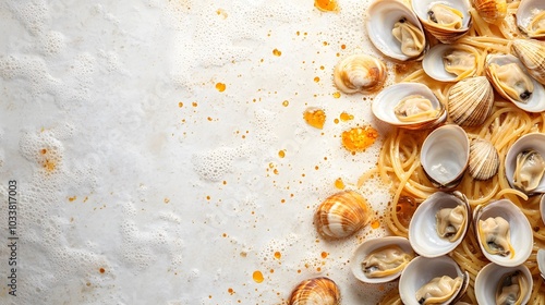 Seafood pasta with clams Spaghetti alle Vongole on light background photo