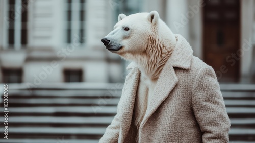 An anthropomorphic polar bear dressed in an elegant, beige coat stands confidently on the steps of a grand urban building, blending whimsical charm with urban sophistication. photo