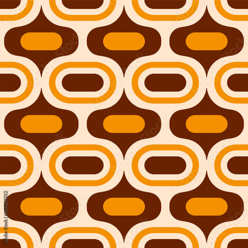 Retro Atomic ogee ovals mustard yellow brown Vector Pattern. Mid-century modern style Atomic capsules seamless pattern.