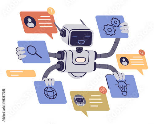 Robot with four arms holding various icons including magnifying glass, gears, light bulb, globe, and user profiles. Ideal for technology, AI, automation, digital communication, futuristic concepts photo