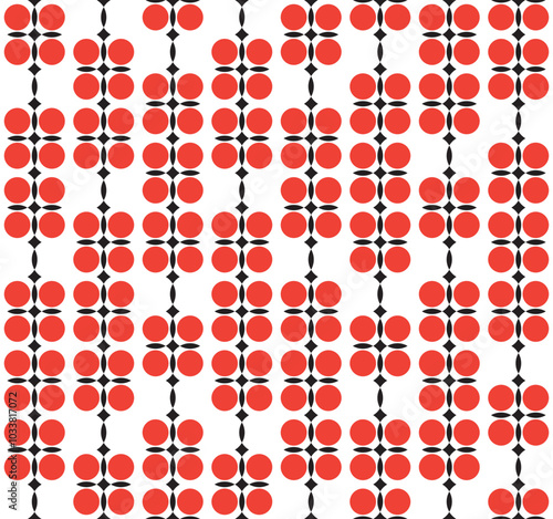 Retro midcentury circle flowers mosaic red black Vector pattern. Hanging mod flowers red, black white seamless pattern.