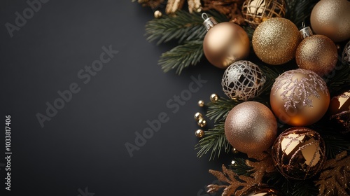 Elegant Gold Christmas Ornaments on Dark Background