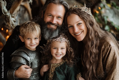 A magical family dressed in medieval fantasy costumes, complete with crowns and armor, surrounded by fairy lights, depicting a whimsical and enchanting atmosphere.