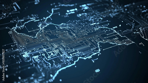 Map of Kuwait with an electronic circuit design, combining a contour outline of the country with a technological circuit pattern. This concept represents the integration of technology and infrastructu photo