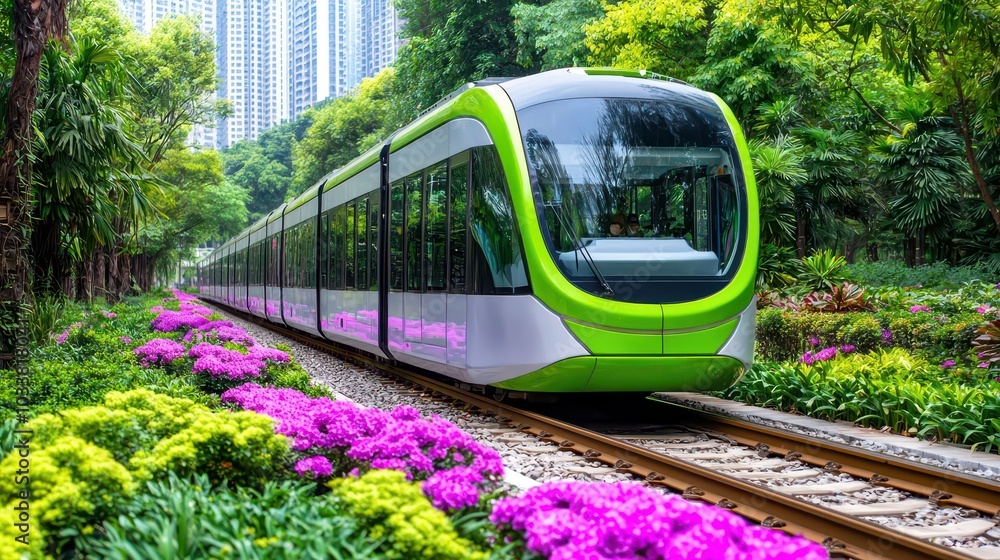 Naklejka premium Modern electric tram traveling through lush greenery and vibrant flowers.