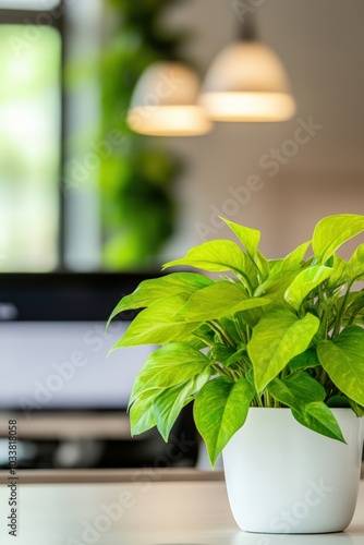 Potted Green Plant On Office Desk With Blurred Background
 photo