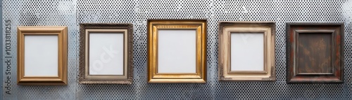 A row of five empty vintage frames in various finishes mounted on a textured metal wall, blending rustic charm with industrial design. photo