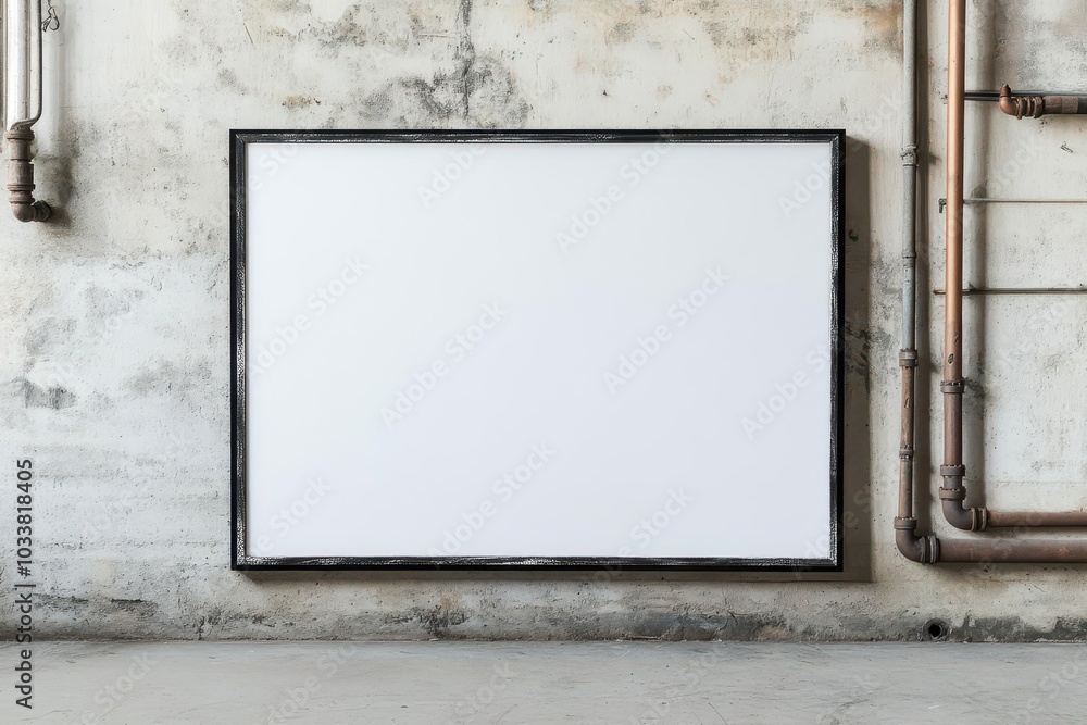 A large blank rectangular frame mounted on a distressed concrete wall with exposed industrial pipes, blending a minimalist design with an urban, industrial aesthetic. A large blank rectangular frame mounted on a distressed concrete wall with exposed industrial pipes, blending a minimalist design with an urban, industrial aesthetic.