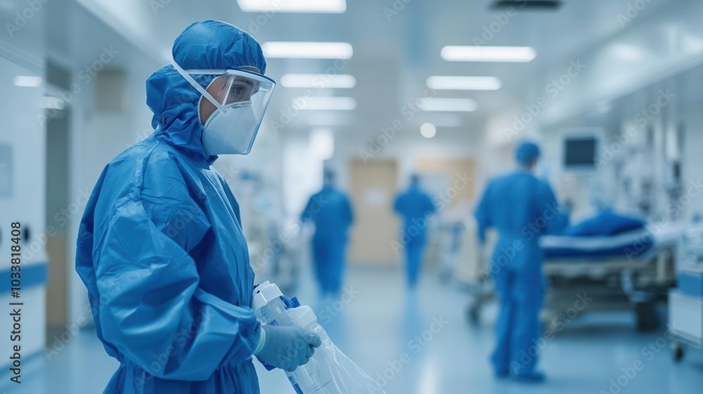 Cleaning team using fogging disinfectant in an empty ICU ward, ensuring sterilization of medical spaces Cleaning team using fogging disinfectant in an empty ICU ward, ensuring sterilization of medical spaces