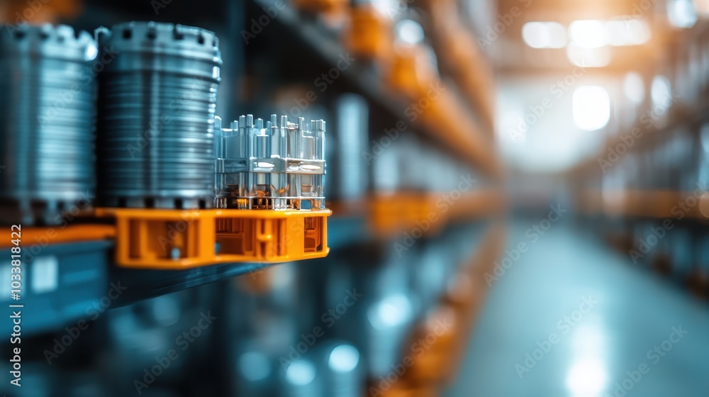 The image depicts an array of cylindrical metal parts meticulously arranged on shelves, emphasizing industrial organization and mechanical craftsmanship. The image depicts an array of cylindrical metal parts meticulously arranged on shelves, emphasizing industrial organization and mechanical craftsmanship.