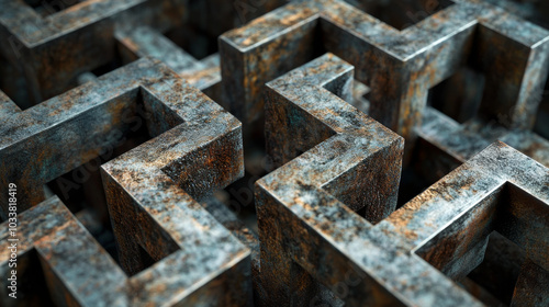 A metal cubic maze design, combining scientific symbolism with intricate patterns. The cube could represent a complex structure or challenge, often used to symbolize problem-solving, science, or advan