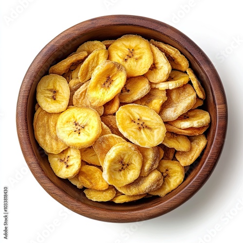 Top view of a wooden bowl filled with dried banana chips isolated on white background