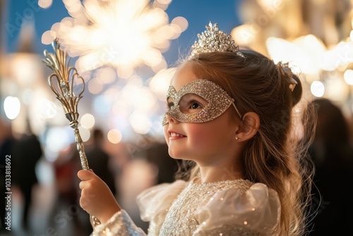 A young child dressed in a sparkling princess costume with a tiara and matching mask is joyfully partaking in a festive celebration under glowing lights. photo