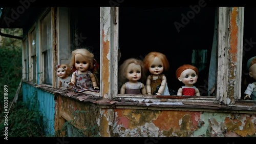 Creepy dolls staring from the windows of an old, abandoned house with peeling paint.