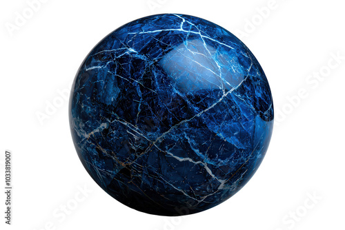 Blue marble sphere with intricate patterns white background, transparent background