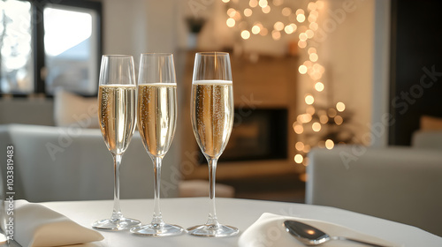 Glasses of champagne standing on a table with a white tablecloth in a room decorated for a festive corporate party.