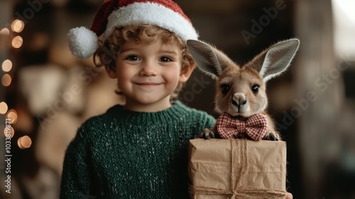 A joyful child in a festive Santa hat poses with a cute pet kangaroo wearing a bow tie, both smiling, surrounded by holiday decorations and warm ambience. photo