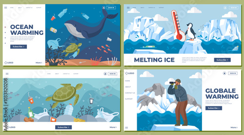 Four colourful images show ocean creatures affected by pollution, melting ice threatening penguins, sea turtles amidst trash, and a man observing global warming. Ideal for climate change