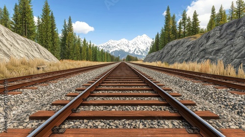 A scenic view of railway tracks surrounded by mountains and trees under a clear blue sky. photo