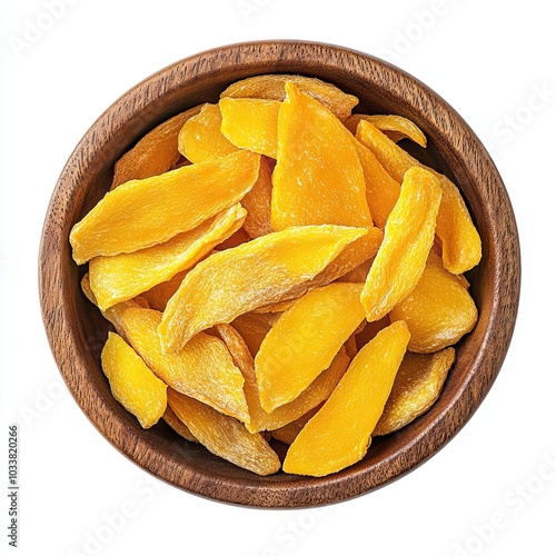 Top view of a wooden bowl filled with dried mango slices isolated on white background
