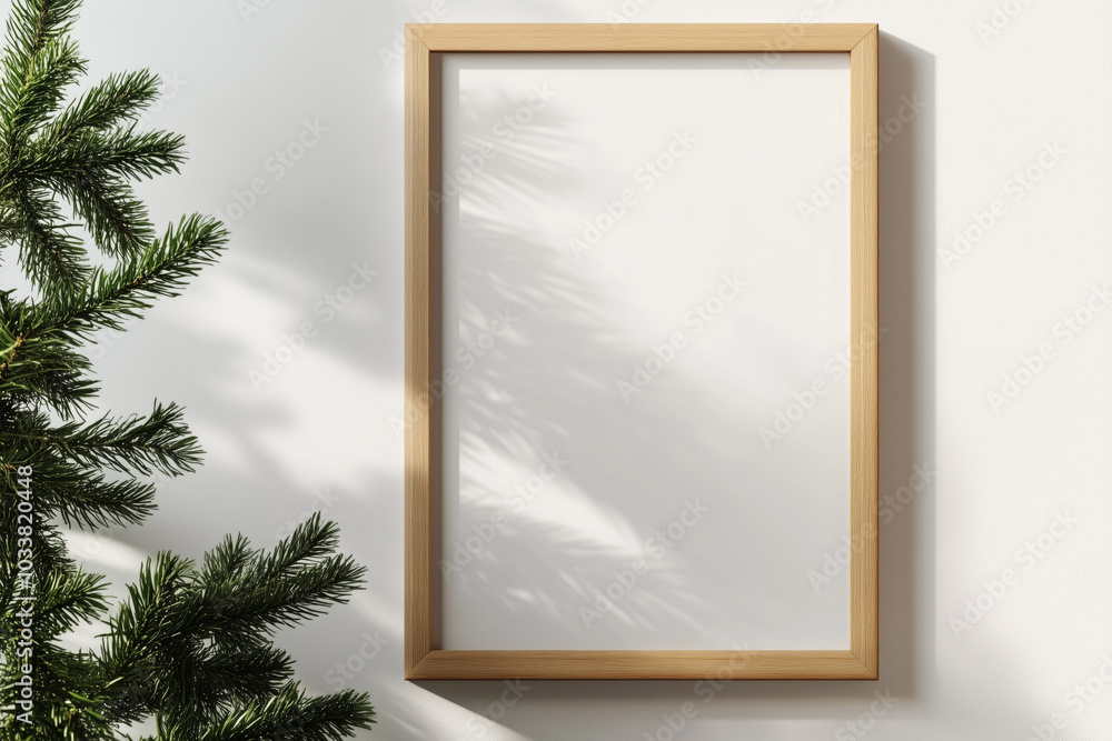 Wooden mock up poster frame on the wall near decorated Christmas tree Wooden mock up poster frame on the wall near decorated Christmas tree