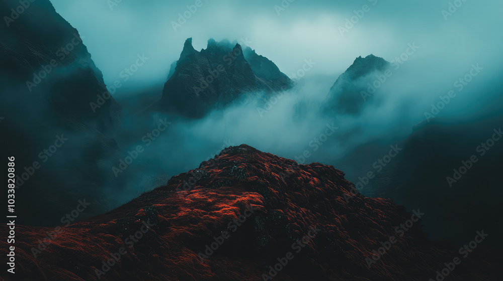 A range of mountains stands partially obscured by dense fog, the dark sky adding to the mysterious aura while the mist swirls around the serene, rocky terrain.