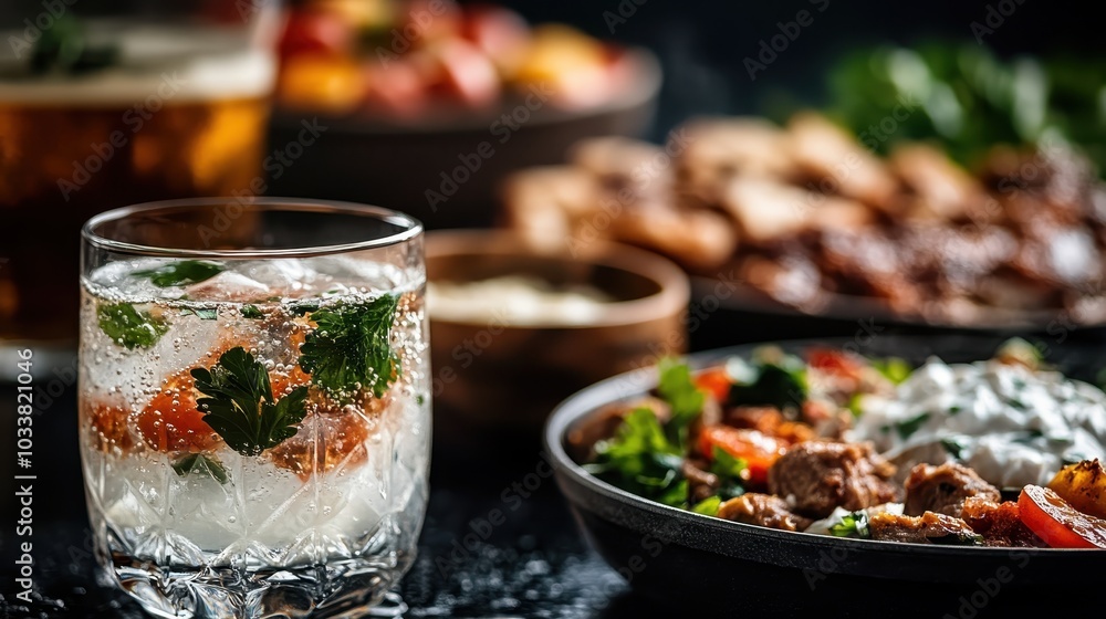 A tantalizing glass of cocktail garnished with herbs sits near a spread of delicious, colorful dishes, capturing a perfect blend of flavors and visual delight. A tantalizing glass of cocktail garnished with herbs sits near a spread of delicious, colorful dishes, capturing a perfect blend of flavors and visual delight.