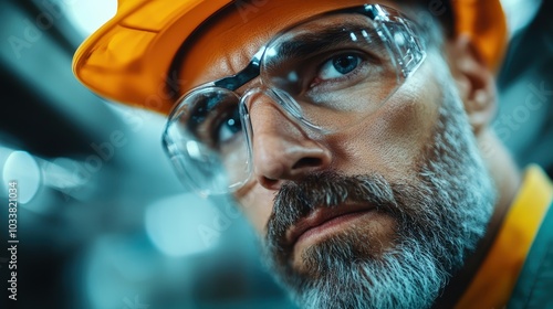 A man wearing safety goggles and a helmet demonstrates workplace safety measures in an industrial environment, capturing the essence of modern safety standards. photo