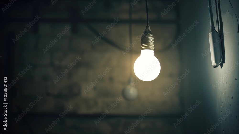 Dark empty room with single flickering light bulb casting long shadows, emphasizing absence of power and eerie atmosphere, minimalist setting with focus on light bulb's glow. Dark empty room with single flickering light bulb casting long shadows, emphasizing absence of power and eerie atmosphere, minimalist setting with focus on light bulb's glow.